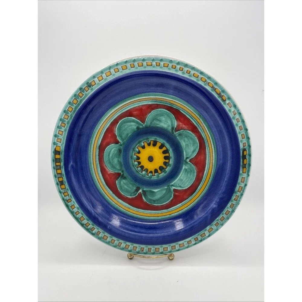 DeSimone Italy Art Ceramic Plate Signed Colorful Pottery Blue Red Flower 10 Inch
